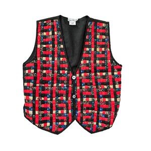 Vtg 90s Woven Quilt Vest Everett Collection, Christmas Patchwork Tie Back Sz L